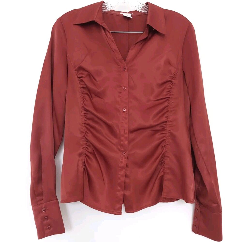 Evelyn Womens Satin Shirt Rust Orange Small Size 4 Button Front Rouched Top
